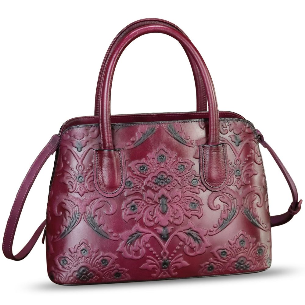 Genuine Leather Handbag Top Handle Satchel Handmade Retro Embossed :3